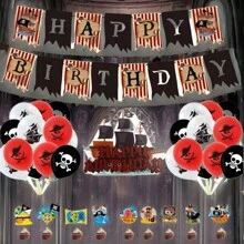 43 de decorațiuni pentru petrecere de ziua de naștere cu pirat, set de decorațiuni pentru petrecere înfricoșătoare, inclusiv steaguri pentru tort, banner pentru ziua de naștere, baloane din latex, potrivite pentru petrecere cu tematică pirat, decor de fundal pentru sărbători