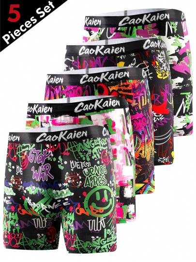 5pcs/Pack Men's 2025 New Fashion Loose Boxers, Thin & Breathable
