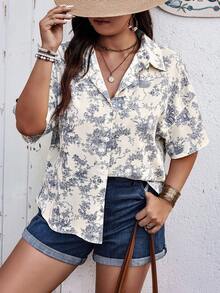 Große Größen Hemd mit Pflanzenprint, asymmetrischer Blumenausschnitt