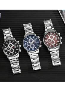 1 件时尚男士商务创意三眼混合刻度表盘不锈钢表带石英表，适合日常搭配、周年纪念、节日礼物 - 紅色 - 查看 3