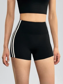 撞色条纹高腰收腹健身跑步训练短裤女式春夏季弹力快干紧身运动短裤 - 黑色 - 查看 6