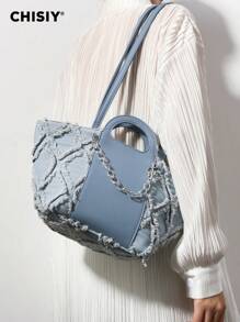 CHISIY [原创手工制作] 钻石格子流苏贝壳 Walkaway 系列蓝色人造皮革和织物链可调节肩带手提包带磁扣开合，简约优雅，容量大，适合情人节礼物、通勤、度假、所有季节 - 藍色 - 查看 5