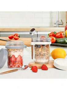 2 Stücke Overnight Oats Einmachgläser mit Deckeln & Löffeln, 473ml versiegelte Haferbehälter mit Messskala, Glaslebensmittelbehälter mit Deckeln & Löffeln, perfekt für Overnight Oats, Getreide, To-Go Salate - mehrfarbig - Übersicht 1