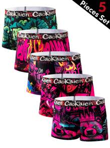 5pcs/Pack Men's Graffiti Pattern Comfortable Breathable Short Briefs Underwear