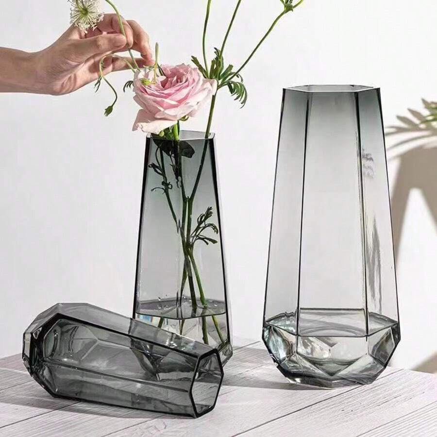 1pc Tall Straight Vase, Transparent Geometric Vase, Luxury Living Room Decor Flower Vase, Minimalist Desktop Decor Fresh Flower Vase, Suitable For Home Decor, Bedroom, Kitchen Tabletop Center Piece Gifts Birthday Graduation