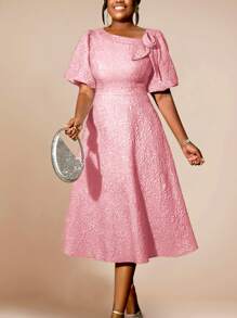 Women's Jacquard Commuter Embossed Elegant 3D Floral Puff Sleeve A-Line Dress, Suitable For Cocktail Party, Graduation Ceremony, Birthday, Wedding Guest, Prom, Evening Party, Homecoming And Other Occasions - Pink - View 4