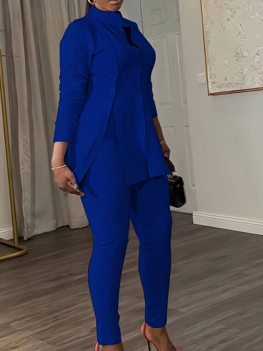 Casual Daily Simple Button Slit Solid Color Shirt Collar Long Sleeve Large Size Two-Piece Suit - 藍色 - 查看 1