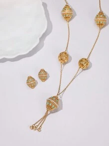 3pcs/Set Ramadan Lantern Hollow Earrings, Tassel Long Necklace, Gold Jewelry Set For Women, Party/Formal Dress Accessory
