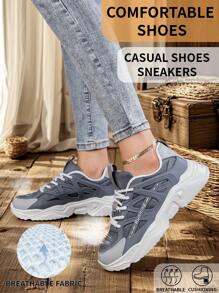 Sporty Front Chunky Sneakers For Women,Colorblock Leather Lace-Up Shoes Women Lightweight Breathable Sneakers Women Shoes Anti-Slip And Wear-Resistant Outdoor Sports Shoes For Women,Comfortable Casual Women Shoes