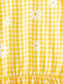2pcs/Set Girls Casual Floral & Plaid Pattern Ruffle Trim Short Sleeve Top And Shorts Set, Summertime - Yellow - View 5