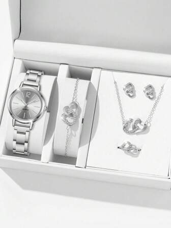 6 件/套女士简约时尚圆形表盘石英表，包含心形手链、项链、耳环和戒指