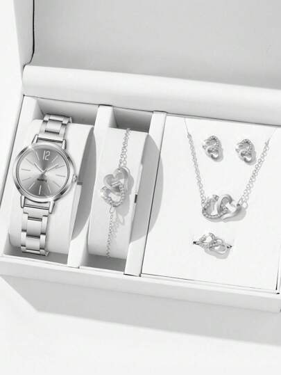 6 件/套女士简约时尚圆形表盘石英表，包含心形手链、项链、耳环和戒指