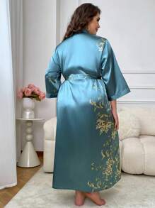 Plus Size Women's Print Satin Robe - Casual & Comfortable V-Neck Nightgown With Contrast Trim, Machine Washable, All-Season Cozy Loungewear - Nhiều màu12 - Xem 2