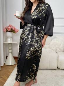2 Piece Plus-Size Elegant Slip Dress Robe - Women's Satin Printed Long Sleeve Belt Slip Dress - Fall - The Perfect Gift For Women - Soft And Comfortable - Relaxing - 黑色 - 查看 9