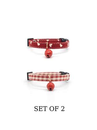 2pcs/Set Cat Pet Collar Decor Necklace, Lightweight & Cute, Bell Design, Adjustable Non-Choke Collar Suitable For Small Dogs, Cats And Other Pets. Soft Nylon Material Dog Collar With Bell, Red Cat Identification Collar, Girl Puppy Collar With Bell, Adjustable Buckle.