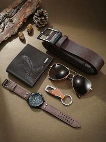 5PCS Set Luxury Business Watch, Sunglasses, Wallet, Belt, Key Chain Gift Box, Perfect Gift For Boyfriend On Valentine's Day Or Father's Day Large Capacity Multi-Card Slots,Business Casual Style,Birthday Gift,Graduation Gift,Father's Day Gift - Black - View 3