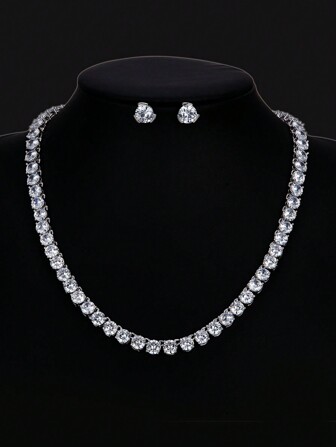1 套/3 件奢华方晶锆石球形项链、耳环首饰套装、配套婚纱、新娘派对配饰