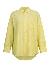 Look Polly 女士夏季 Y2K 条纹长袖衬衫，奶油黄单排扣休闲时尚，沙滩风，带口袋设计，返校季，复古风可爱教师衬衫，宽松纽扣衬衫，教师，情人节音乐会时尚衬衫，春季 - 黃色 - 查看 3