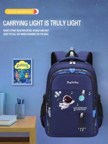 Ryggsäck för grundskolan för årskurs 1-6, 6-12-16 år, lätt ryggsäck med dubbla axelband för pojkar och flickor, rymdskeppsdesign, stor kapacitet, - Kungsblått - Visa 5