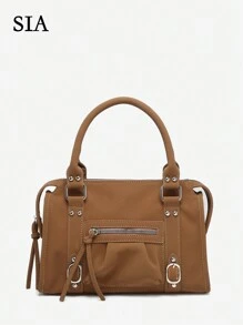 1 件女式复古 Y2K 机车朋克风格铆钉扣装饰多口袋绒面 PU 皮革摩托车包，手提和斜挎，适合街头、约会、派对 - 棕色 - 查看 1