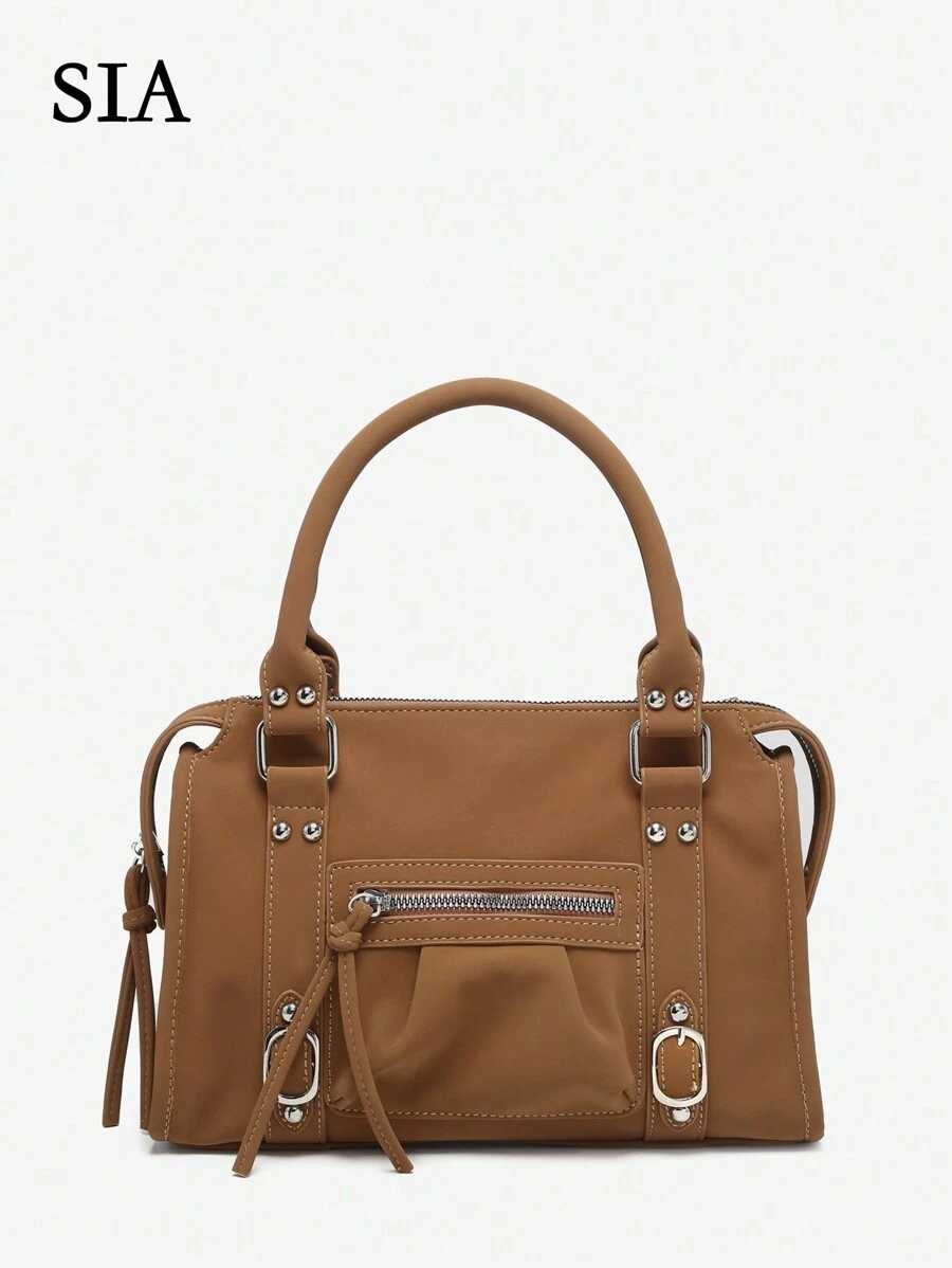 1 件女式复古 Y2K 机车朋克风格铆钉扣装饰多口袋绒面 PU 皮革摩托车包，手提和斜挎，适合街头、约会、派对 - 棕色 - 查看 1