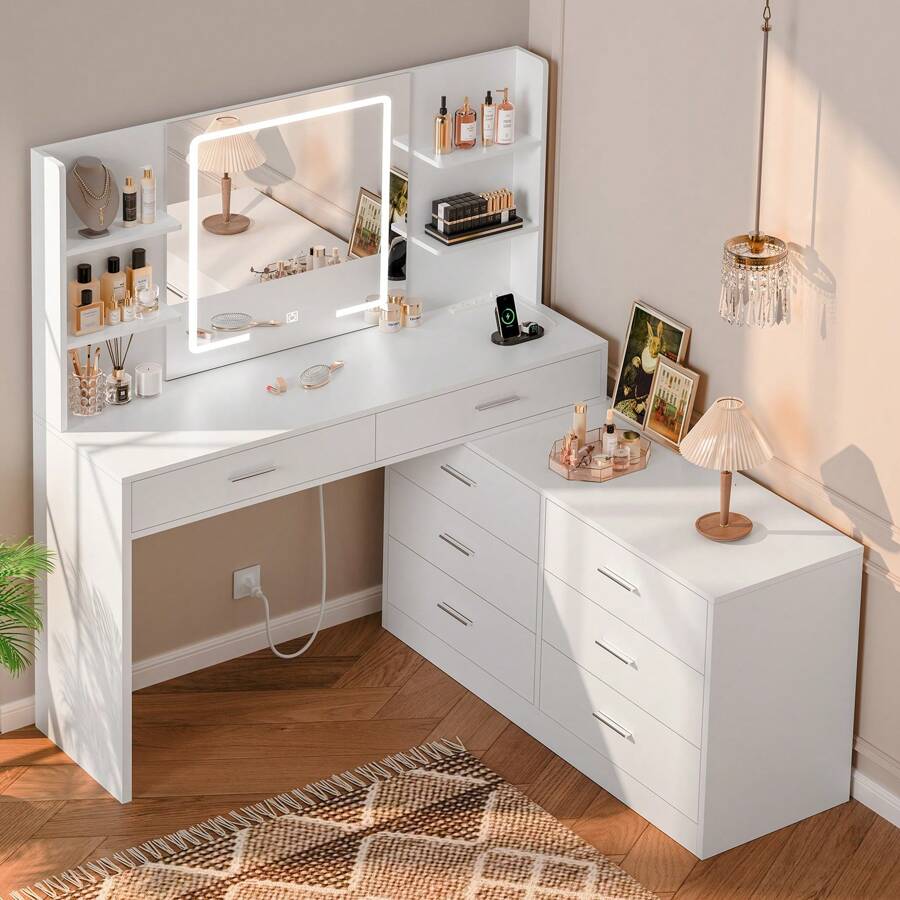Dressing Table With LED Light Mirror & Socket For Valentine's Day Gift, 8 Drawers, 6 Shelves, 3 Color Modes & Adjustable Brightness Dressing Table, Corner Vanity, L-Shape Change, White