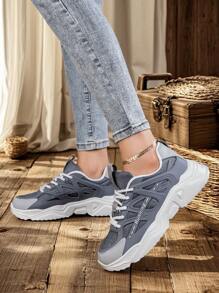 Sporty Front Chunky Sneakers For Women,Colorblock Leather Lace-Up Shoes Women Lightweight Breathable Sneakers Women Shoes Anti-Slip And Wear-Resistant Outdoor Sports Shoes For Women,Comfortable Casual Women Shoes