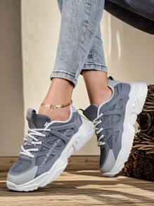 Sporty Front Chunky Sneakers For Women,Colorblock Leather Lace-Up Shoes Women Lightweight Breathable Sneakers Women Shoes Anti-Slip And Wear-Resistant Outdoor Sports Shoes For Women,Comfortable Casual Women Shoes