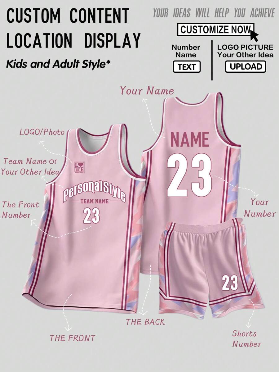 2pcs Personalized Men's Basketball Jersey- Customized Name,Number And Picture Print Tank Top+Shorts Sports Set For Team Wear Spring/Summer - Pink - View 1
