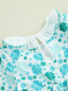 Baby Girl Spring Romper Dress Long Sleeve Ruffled Letter Embroidery Bow Print Jumpsuit - Cadet Blue - View 5