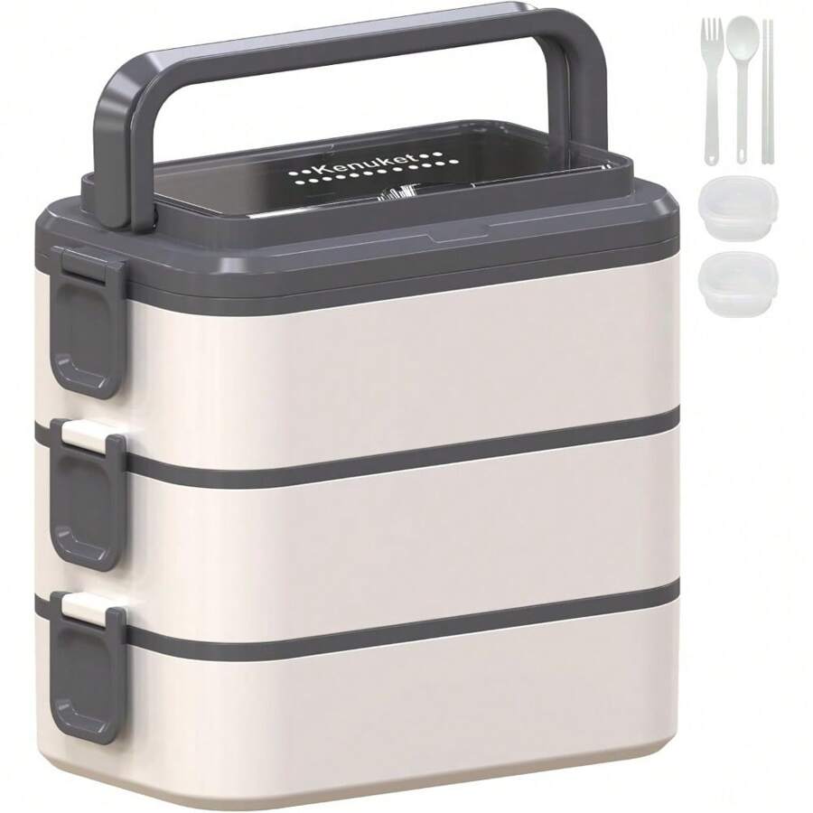 Stackable Bento Box Adult Lunch Box, 3000ML Large Capacity On-The-Go 3 Layers, Leakproof Microwave Safe Lunch Containers With Utensil Set, Dividers, Sauce Boxes For Kids And Adults - A-White - View 1