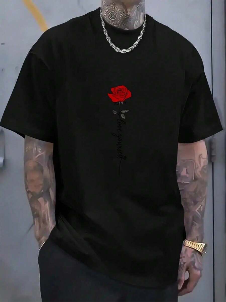 Camiseta Masculina ROSA Love Yourself Estampa em Lançamento 2025 Moda Casual Camisa Manga Curta 100% Algodão em Malha Premium Lançamento - Preto - View 1
