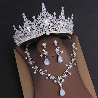 Conjunto de joyería de boda tipo corona barroca, incluye diadema, collar y pendientes de cristal de estilo europeo lujoso, un conjunto de 3 piezas como complemento para vestido de novia y accesorios para cumpleaños
