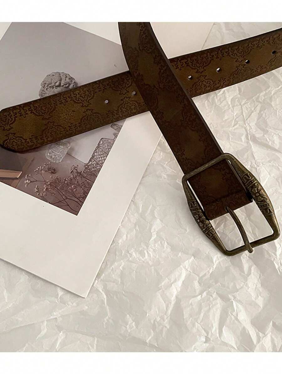 1 件优雅复古棕色压花花卉女士腰带，适合在牛仔裤上收紧腰部以达到瘦身效果，适合秋季、秋季、万圣节 - 棕色 - 查看 1