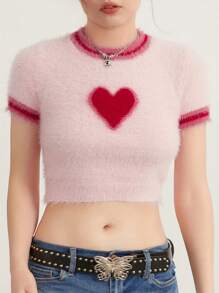 Women's Plush Crop Tops Short Sleeve Crewneck Heart/Cherry/Star Print Short T-Shirt - 粉色 - 查看 2