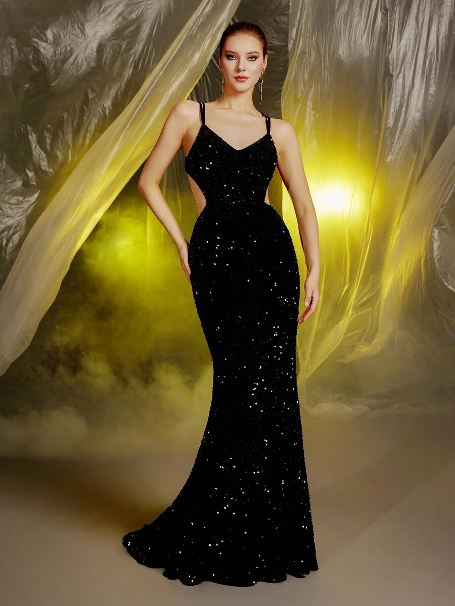 Vestido largo de fiesta sin mangas y sin espalda con lentejuelas, vestido de fiesta, vestido de invitada de boda, vestido de gala - Negro - Ver 1