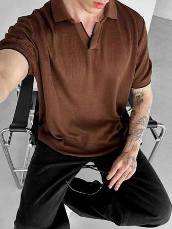 Men's Casual Plain Polo Shirt, Short Sleeve,Minimalist Style,Relaxed Fit Loungewear,Father's Day