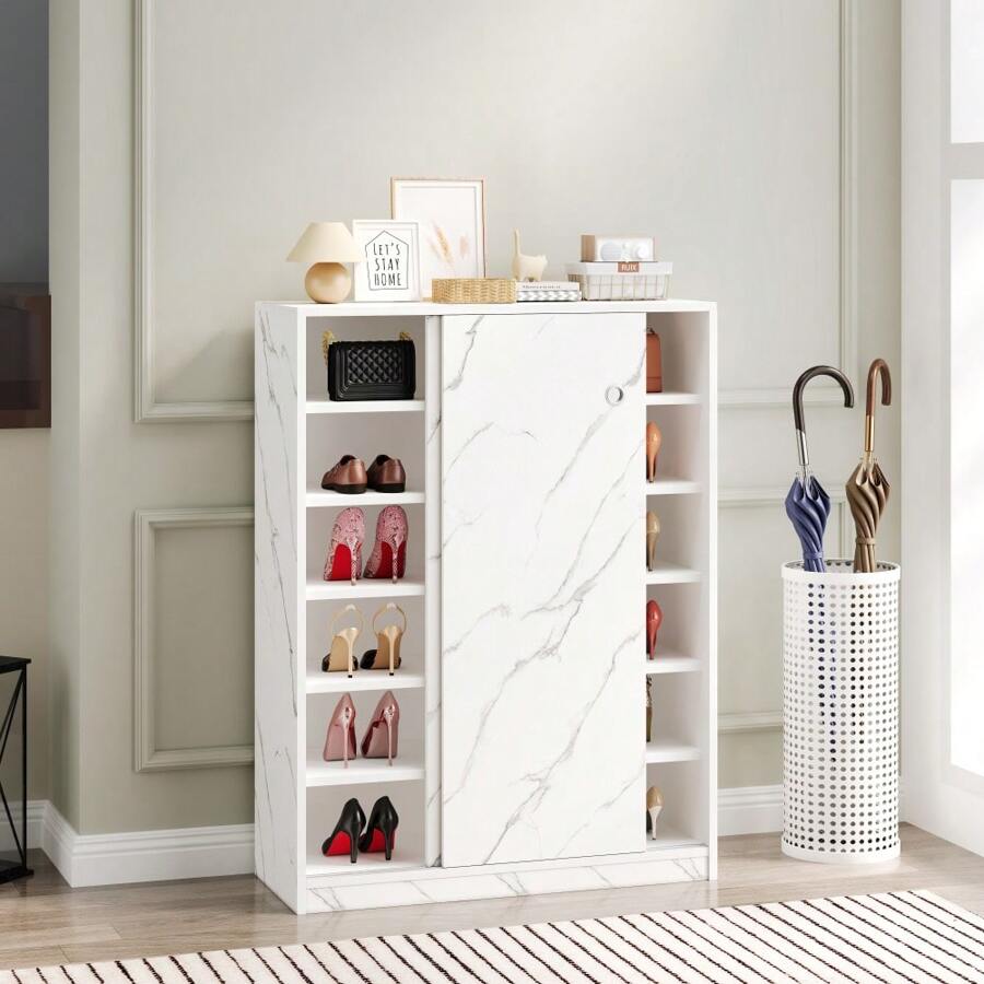 Marble White  Shoe Cabient With Sliding Door Have 6 Layers Can Storage At Least30 Pairs Shoes - 白色 - 查看 1