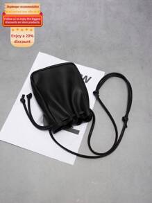 迷你时尚简约软质抽绳斜挎包，方形，多功能时尚PU软轻手机袋，水桶包，纯色防水 - 黑色 - 查看 6
