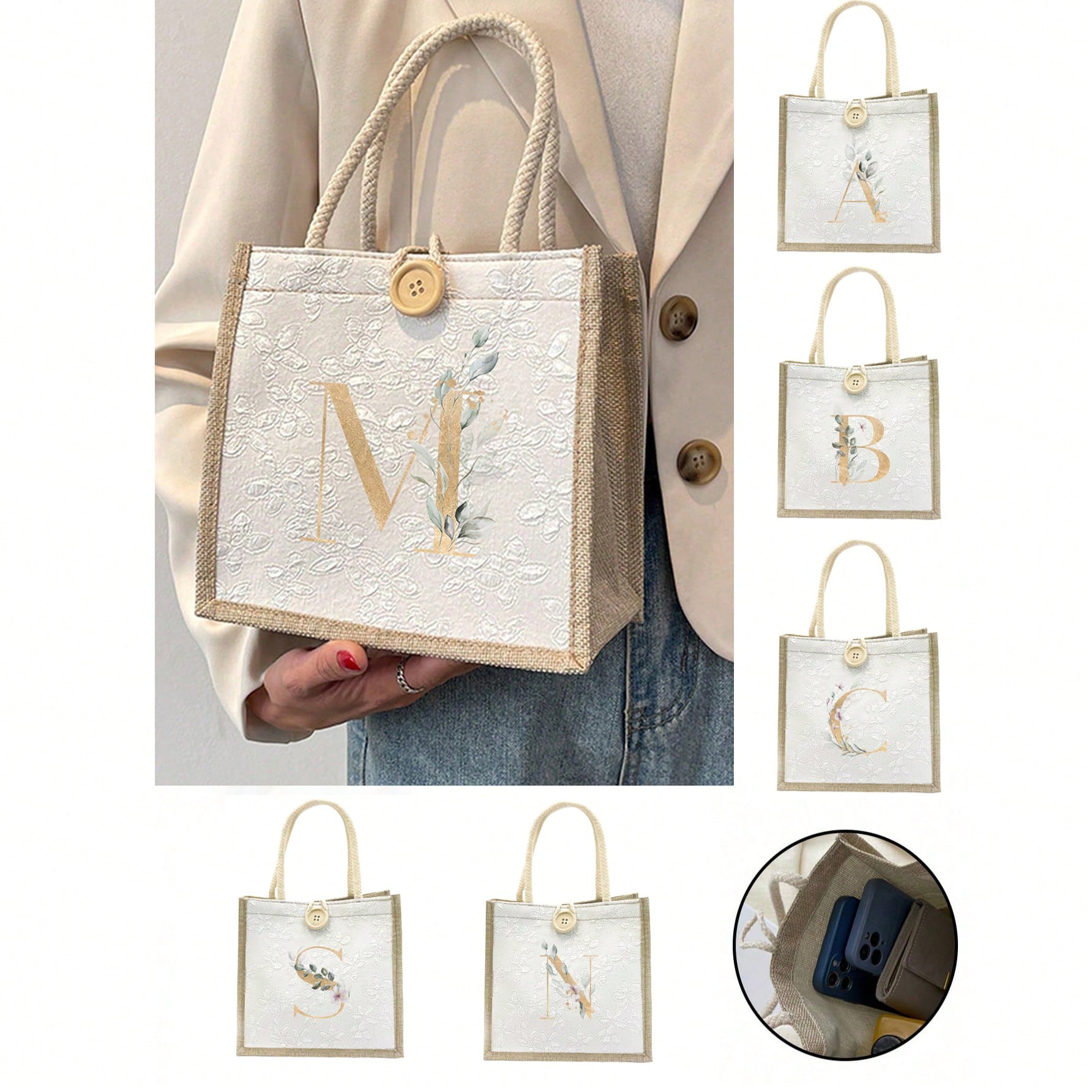 Linen Tote Bag, Ditsy Floral Linen Button Decor Tote Bag, Minimalist Large Capacity Tote Bag, Portable Casual Storage Bag, Multifunctional Shopping Bag, Green Leaf Gold Foil Letter A-Z, New Design, Large Capacity, Ideal For Shopping, Shoulder Bag, Tote Bag, Lunch Bag, Lunch Box, Suitable For Women, New Year Edition, Cream Bag