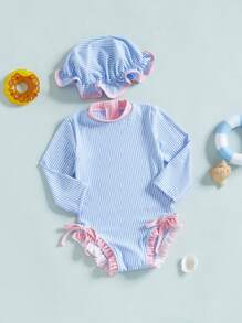 Traje de baño de 2 piezas con protección contra erupciones y gorro para niñas pequeñas, estampado de rayas, manga larga, cuello redondo, trajes de baño para niñas pequeñas - Azul - Ver 4
