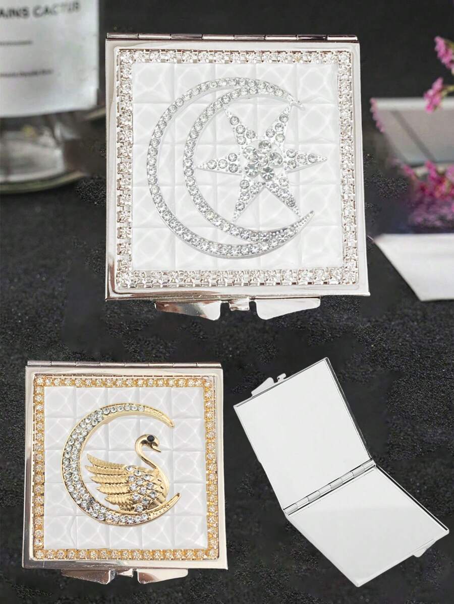 1 件精美微型双面折叠镜，日式/法式珍珠和宝石星星、月亮、天鹅图案设计，公主风格小巧便携化妆镜，适合旅行、居家、礼物 - 彩色 - 查看 1