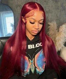 34 Inch 99j Burgundy Red 13X4 Straight Lace Front Wigs Human Hair 99J 13X4 Transparent Lace Frontal Wigs Glueless Pre Plucked With Baby Hair Wigs For Women 200% Density - S99J - 查看 1