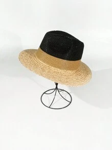 1pc Women's Summer Straw Panama Hat, Wide Brim Sun Protection Vacation Beach Cap, Suitable For Evening Party, Outdoor Sun Shading - Solid Color - View 6