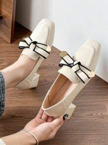 HanDuEke Women's High Heel Bowknot Loafer Flat Shoes, Retro British Style Thick Heel High Heel Pumps, Soft Leather Versatile Beige Spring/Autumn 2025 New Arrivals