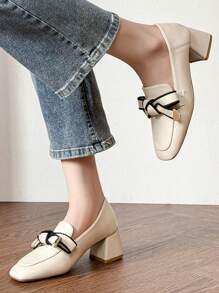 HanDuEke Women's High Heel Bowknot Loafer Flat Shoes, Retro British Style Thick Heel High Heel Pumps, Soft Leather Versatile Beige Spring/Autumn 2025 New Arrivals