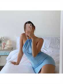 Women Summer Knitted Dress, Solid Color Tied Neck Off-Shoulder Backless Slim Skirt For Ladies, 12 Colors - 藍色 - 查看 1