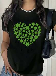 St. Patrick's Day Heart Clover Print T-Shirt - Women'S Casual Crew Neck T-Shirt, Black Crew Neck Tee With Short Sleeves, Ideal For Spring & Summer Outings, Perfect Gift For St. Patrick's Day Valentine's Day