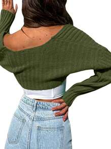 Womens Bolero Shrug Sweater Long Sleeve Open Front Crop Cardigan Y2k Knit Top - Army Green - View 5