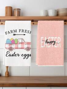 2 Pcs Easter Kitchen Towels Easter Pink Truck With Eggs Style Dish Towel Cooking Hand Towel Tea Towel